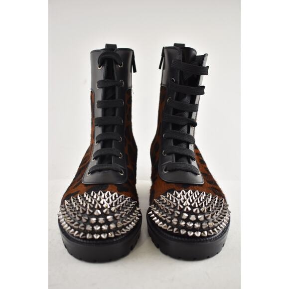 Christian Louboutin TS Croc Flat Black Leopard Pony Spike Combat Ankle Boot 38 - Picture 9 of 15